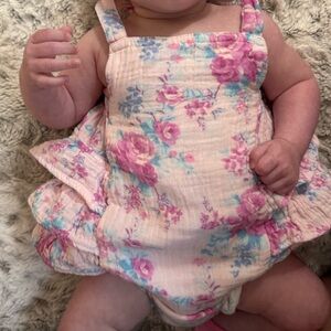 Spearmint Love, Floral Pink and Blue Ruffle Butt Bodysuit, 3-6 Months